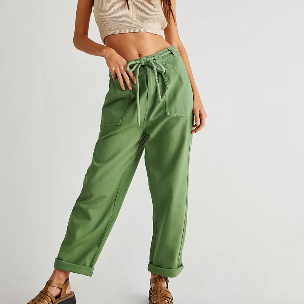 Free People Lights Down Rolled Straight Leg Pants in Laurel Green
